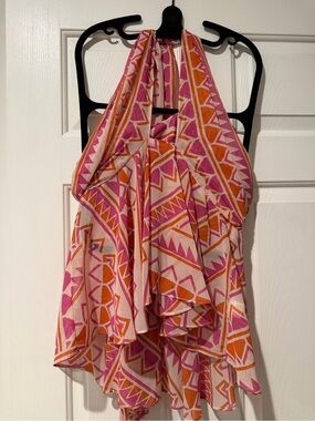MISA Los Angeles Pink & Orange Geometric Halter Top & Wide-Leg Pants Set Size L